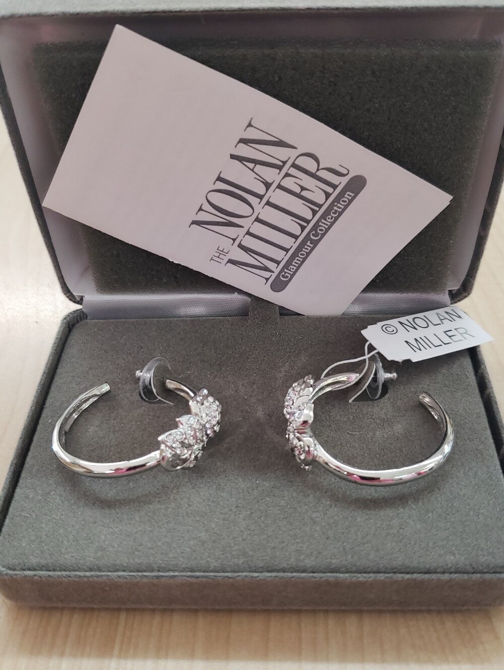 New In Box-Nolan Miller Pave Rose Hoop Earrings: Signed Silver Tone